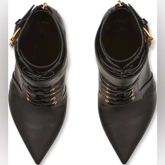 NIB Balmain Uria Leather Ankle Lace Zipper Buckle Boots Black Gold Heel 38 - Picture 8 of 16